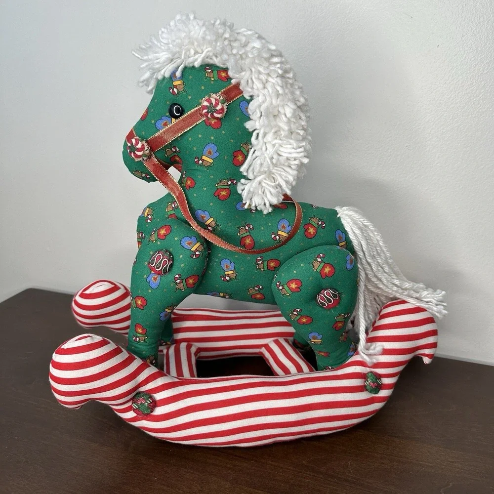 Handmade Rocking Horse Plush Christmas Holiday Quilted Patchwork Grannycore Red